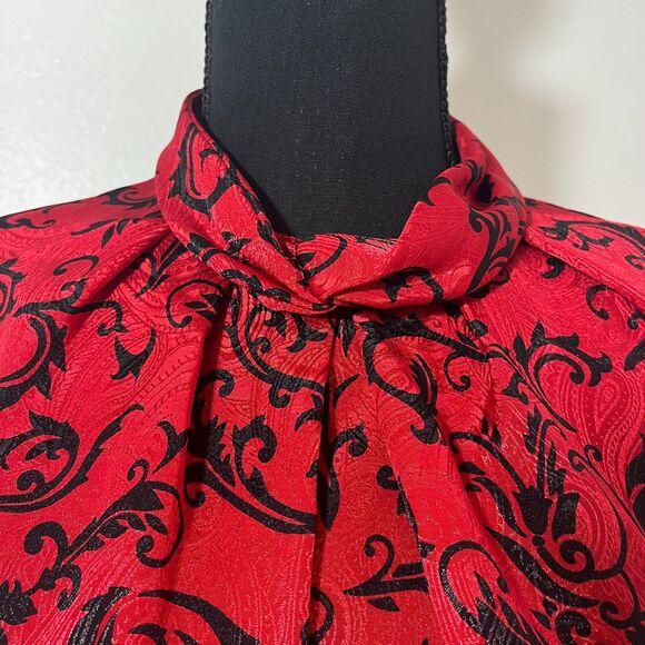 Vintage 80s Pyke Limited Red & Black Damask Flourish Print Blouse Sz.14 - Picture 2 of 9